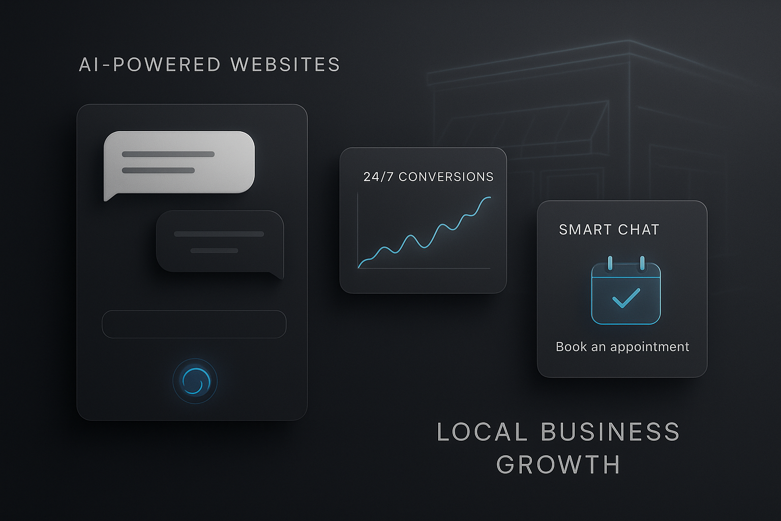 AI-powered website interface showing smart chat bubbles and automation icons on a dark minimalist background