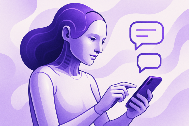 cartoon image of a ai woman responding to messages on phone