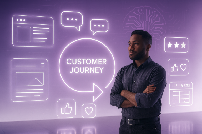 Confident man with arms crossed stands in front of a glowing purple wall showing the words CUSTOMER JOURNEY inside a circle with an arrow, surrounded by neon style icons of chat bubbles, web pages, star reviews, thumbs up, heart, and a calendar, suggesting an AI powered modern customer journey.