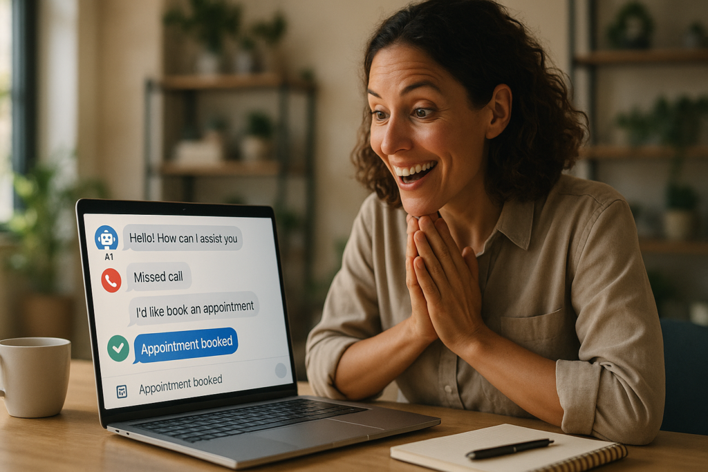 Small business owner excited as AI chat on laptop books an appointment from a missed call