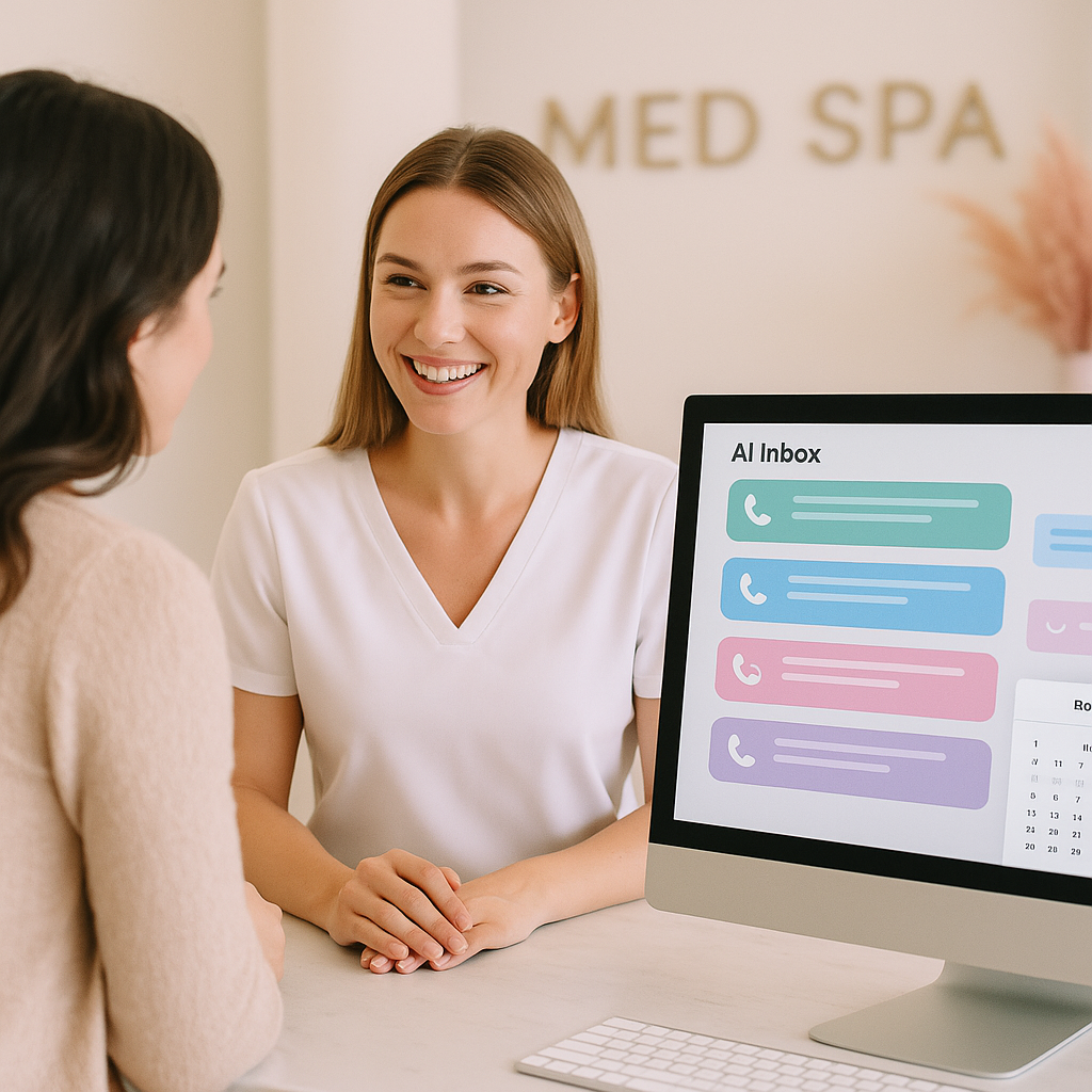 Smiling med spa receptionist talking with client while AI inbox dashboard is displayed on computer screen