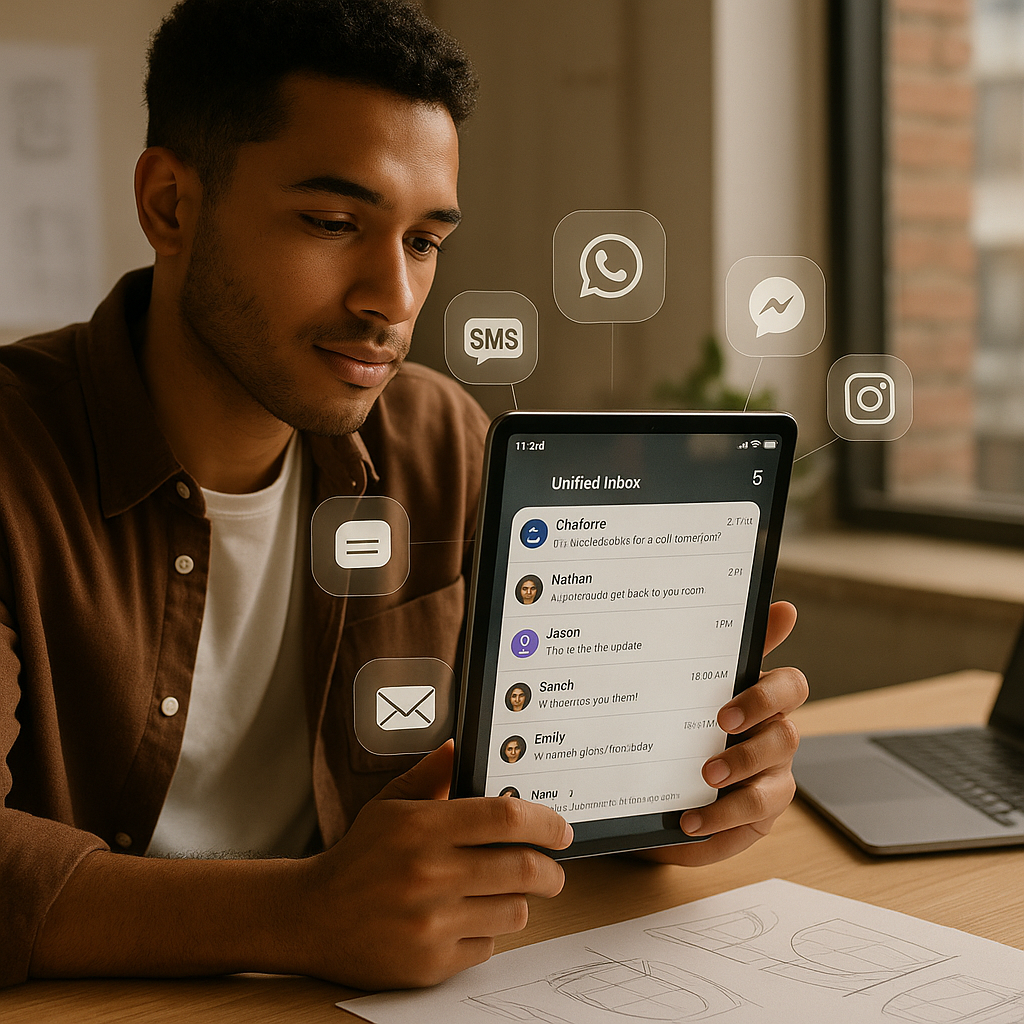 Young professional holding tablet with unified inbox as icons for SMS WhatsApp email and social media float around the device