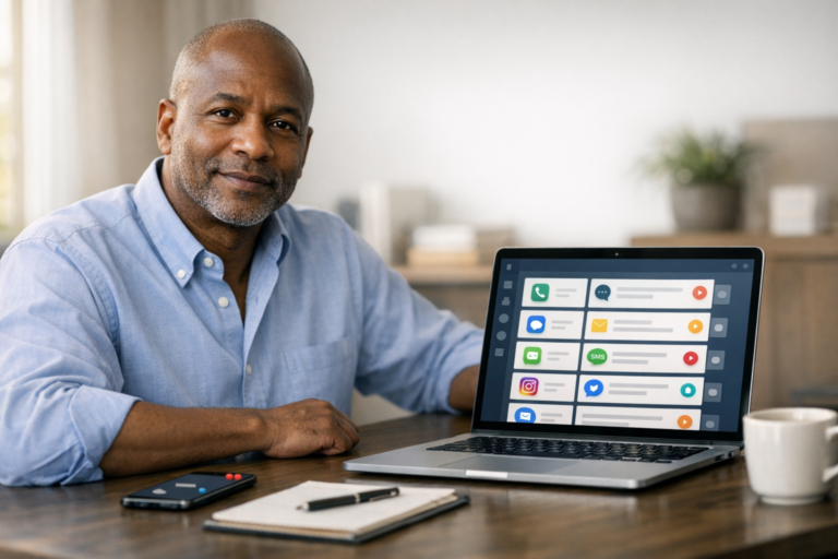 Middle aged Black business owner at a desk beside a laptop showing a unified inbox dashboard for calls, email, chat, SMS, and social messages.